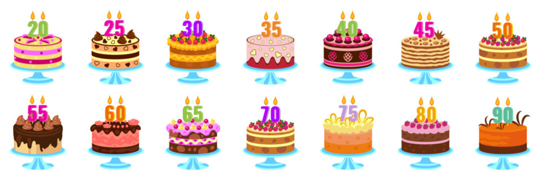 Set of cakes with burning candles for a birthday, anniversary. Number candle. Vector.