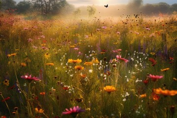 Blooming field: vibrant colors, lush nature, butterflies and bees. Serene beauty of spring., generative IA
