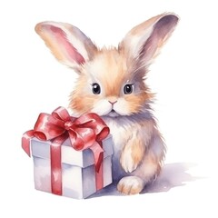 Cute watercolor bunny with gift box