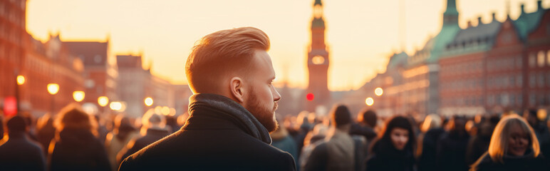 Crowded blurred street in Europe at sunset. Blurred crowd at the street. Crowd of people walking on...