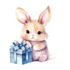 Cute watercolor bunny with gift box
