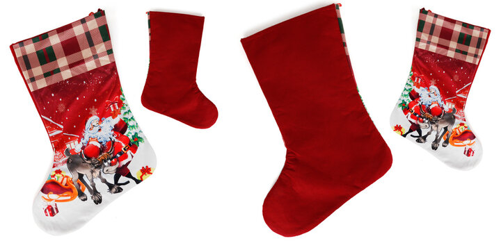 Images of decorative stockings on a white background