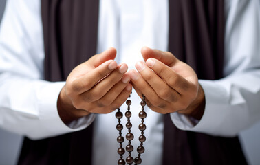 Religious muslim man praying with rosary beads, digital ai
