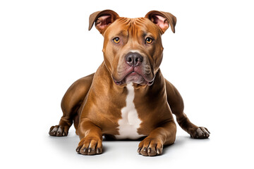 A Beautiful adult purebred American Pit Bull Terrier dog lying down on white background looking forward into camera