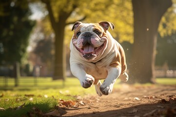Happy active bulldog running down a path in a dog park and jumping in mid-air