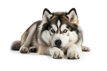 Beautiful purebred Alaskan Malamute young adult dog lying on white background looking forward at camera