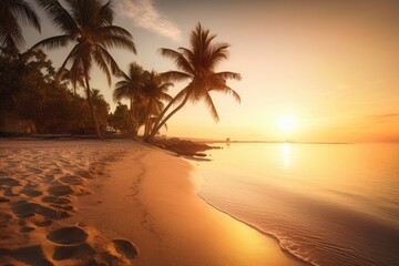 Paradise beach, setting sun, coconut trees, sunbathers and happy seagulls., generative IA