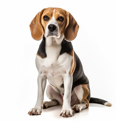Beautiful purebred Beagle dog sitting facing and looking forward on white
