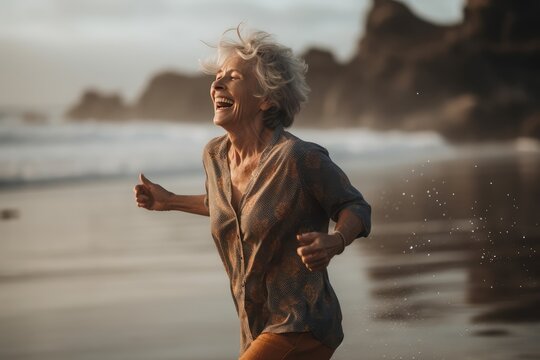image of happy dancing mature woman at the beach