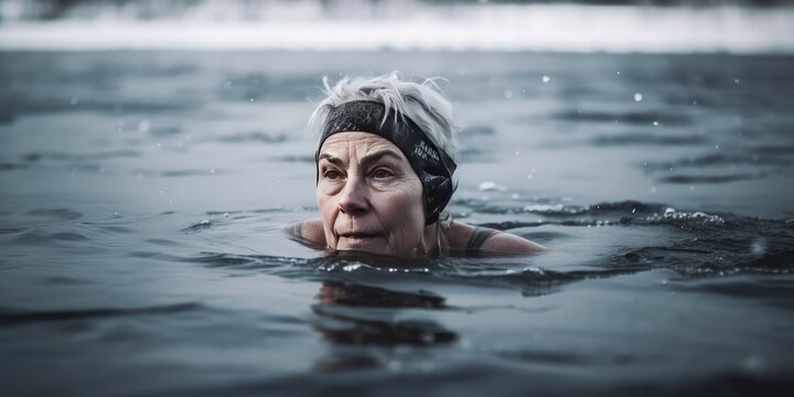 image of mature woman swimming on icy lake in winter