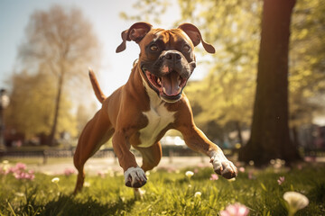 Happy Boxer breed dog runing and jumping through field of flowers in dog park