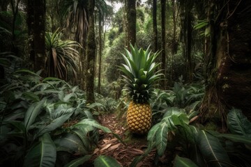 Tropical jungle, golden pineapples in harmony. Vibrant! ????, generative IA