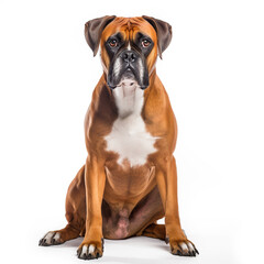 Purebred Boxer dog sitting on white background facing and looking forward