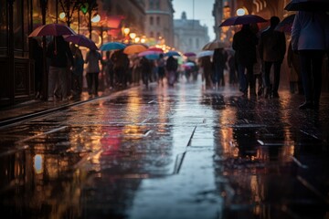 Night rain in the city: shiny asphalt, rushing people, colorful umbrellas., generative IA