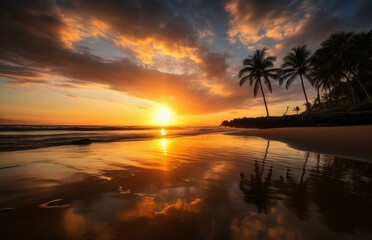 Fototapeta na wymiar Rising sun on serene beach, blue sky, coconut trees and golden reflection in the water., generative IA