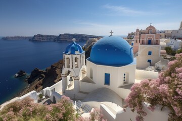 Fototapeta na wymiar Blue church in Santorini, Greece - maritime serenity., generative IA