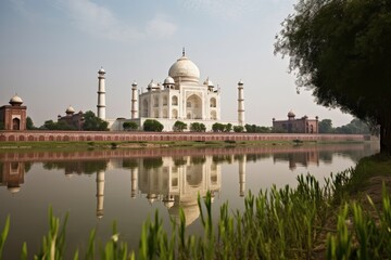 Fototapeta na wymiar Taj Mahal, Agra: Majestic white palace reflected in lake., generative IA