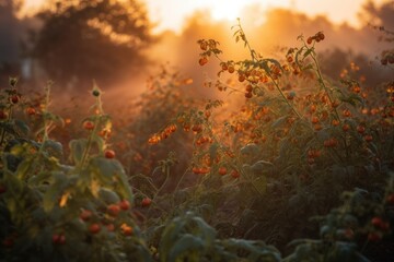 Golden field filled with ripe tomatoes. Butterflies and bees complete the scene., generative IA