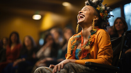 Inclusive audience moments in the theatre. People with disabilities in wheelchairs watch a theatrical performance.