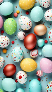 Vertical video of colorful easter eggs on smooth background with copy space