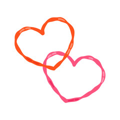 Two neon red and pink hearts 00s, 2000s. Hand drawn flat cartoon element. Vector illustration