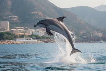 Fototapeta premium Dolphin jump in the blue sea in a picturesque place