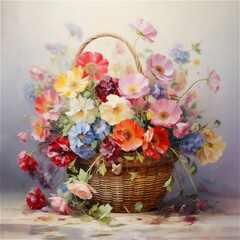 Basket with multi-colored flowers on a gray-blue background. High quality illustration