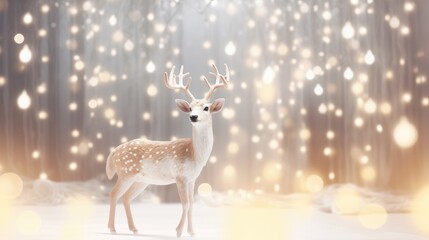 white wooden deer with a christmas lights background generative AI