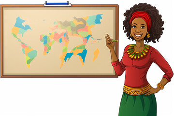 Cartoon illustration of a happy African female teacher, next to the blackboard, in a classroom, explaining to students, in a colorful style, white background, cad (computer aided design) --ar 3:2