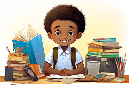 illustration of a little African boy sitting on a school table