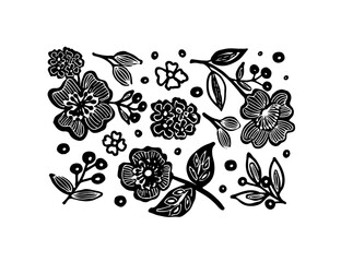 Collection with hand drawing beautiful flowers. Set of floral design elements.  Vector illustration.  Black and white hand drawn botanical motif. 
