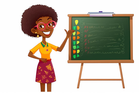 Cartoon illustration of a happy African female teacher, next to the blackboard, in a classroom