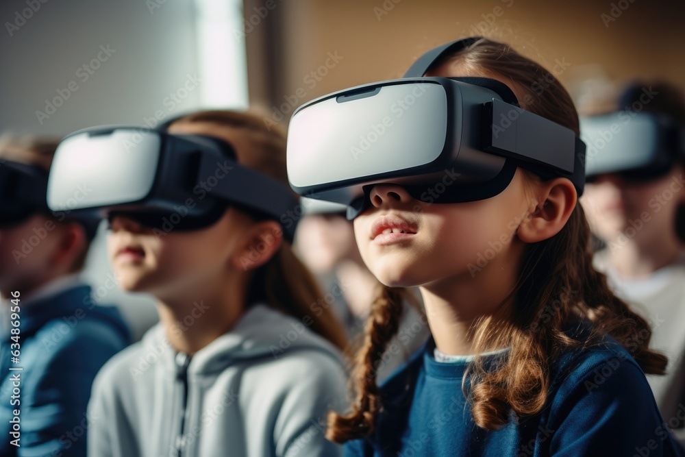 Poster Mixed race group of students using virtual reality goggles at the classroom.