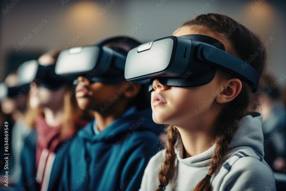 Poster Mixed race group of students using virtual reality goggles at the classroom.