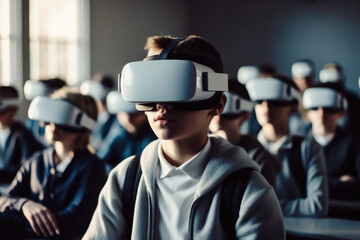 Children wearing virtual reality headset at the classroom at school.