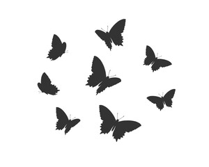 Obraz na płótnie Canvas black icon set of butterflies silhouettes doodle