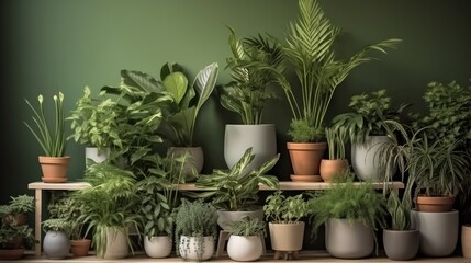 Fototapeta na wymiar Collection of house plants in flower pots with green wall, House plants in interior.