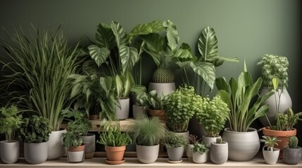 Fototapeta premium Collection of house plants in flower pots with green wall, House plants in interior.