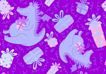 New year dragon seamless cartoon Christmas dinosaur pattern for wrapping paper and kids clothes print