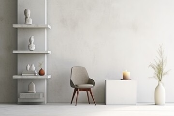 Minimalist office space with design chair, leaf vase, sculpture, books, and personal items. Space for copy. Minimalist decor. Template.
