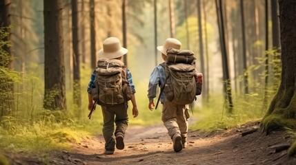 Rear view, Boys with backpacks on a forest road, Vacation adventure concepts.