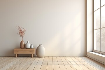 Fototapeta na wymiar Minimalist room with vase, wooden floor, decor on wall, landscape in window. Nordic home. 3D illustration.