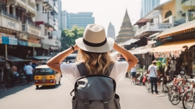 Female tourist with a backpack in Bangkok, Travel concept.