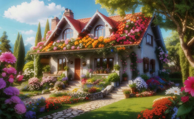 Obraz premium Beautiful cozy house surrounded by a flowers garden.