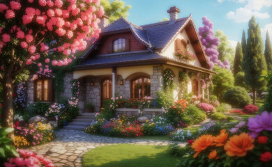 Fototapeta na wymiar Beautiful cozy house surrounded by a flowers garden.