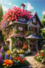 Fototapeta na wymiar Beautiful cozy house surrounded by a flowers garden.