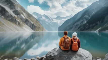 Rear view. Travelers couple sitting look at the mountain lake, Adventure and travel in the mountains, Travel concept.