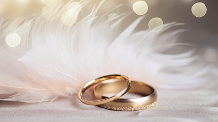 Wedding rings in front of a feather