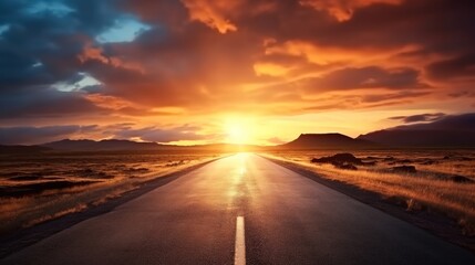 Naklejka premium Road Leading Into A Sunset, Straight road to the mountain.