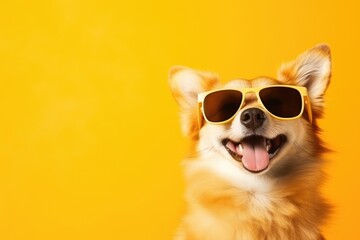 Closeup portrait of dog in fashion sunglasses. Funny pet on bright yellow background. Puppy in eyeglass. Fashion, style, cool animal concept with copy space